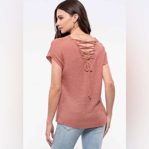 NWT Mine Women's Lace Up Back Knit Short Sleeve Top Sz Small, Dusty Rose - Picture 8 of 9